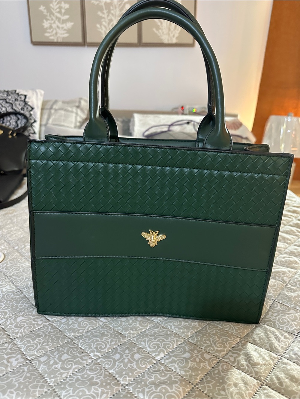 Dark Green Woven Tote Handbag with Gold Bee Accent